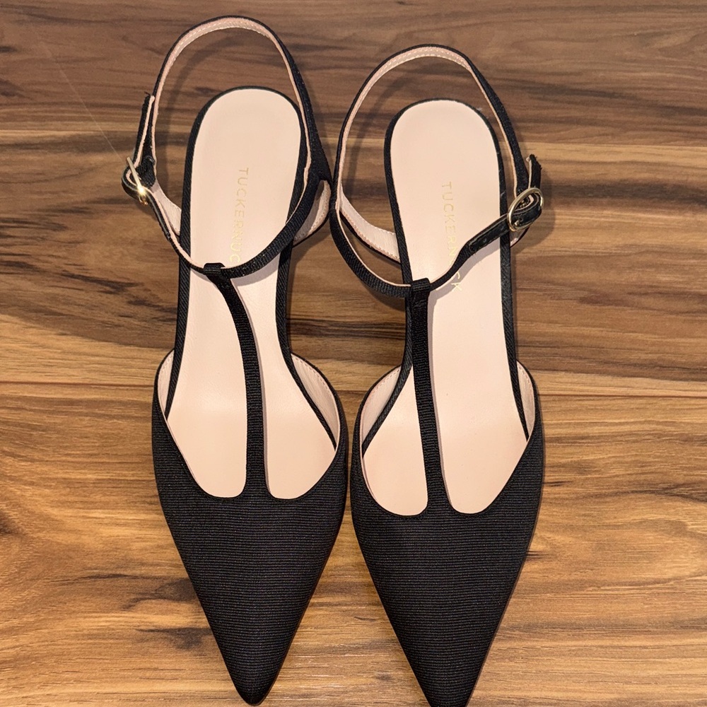 Tuckernuck Black T-Strap Pointed Slingback Heels with Pink Insole